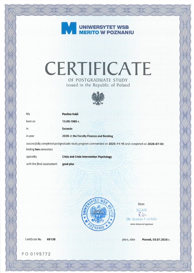 Certificate Crisis and Crisis Intervention Psychology Paulina Kubs