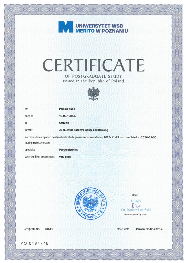 Certificate Psychodietetics Paulina Kubs