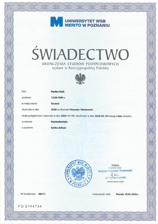 Swiadectwo Psychodietetyka Paulina Kubs