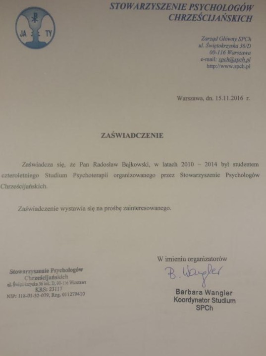 Radoslaw Bajkowski zaswiadczenie