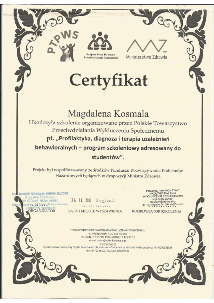 Certyfikat Kosmala szkolenie uzaleznienia behawioralne