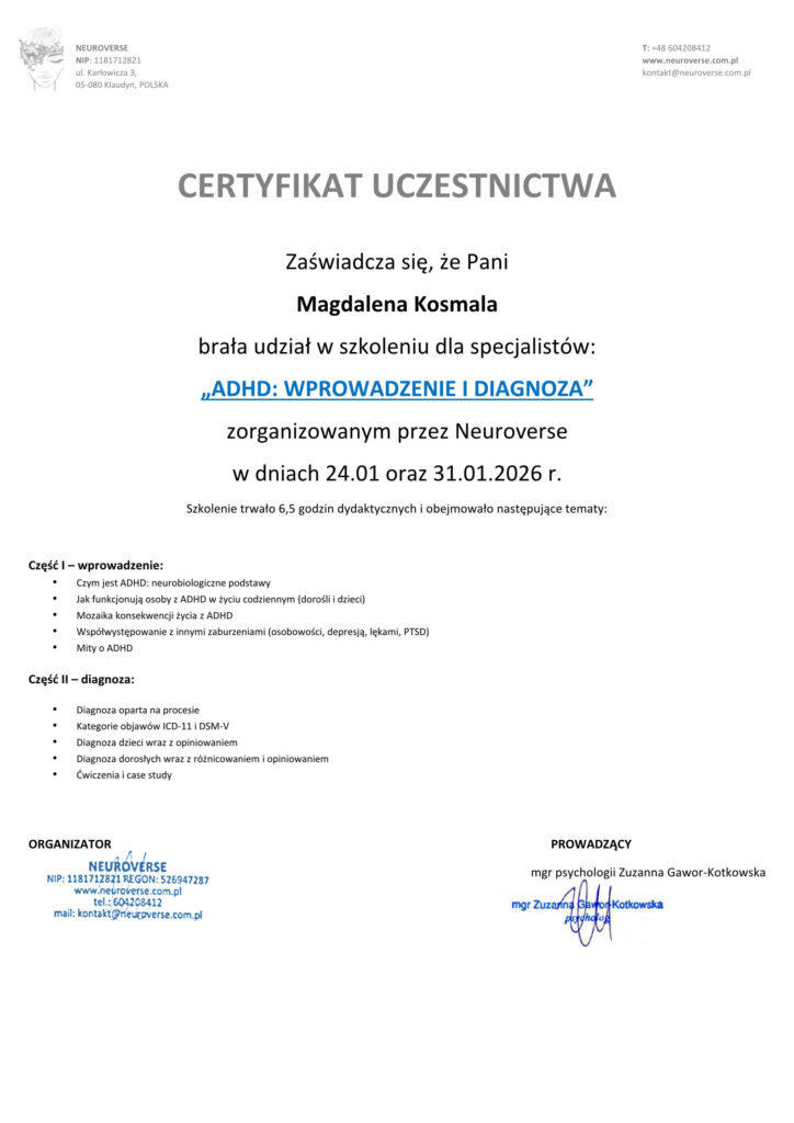 Certyfikat Szkolenie Neuroverse ADHD Magdalena Kosmala