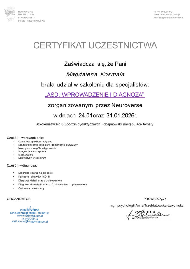 Certyfikat Szkolenie Neuroverse ASD Magdalena Kosmala