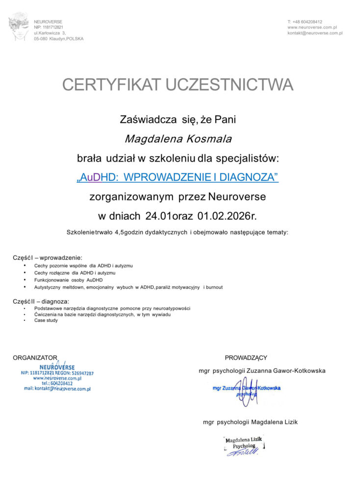 Certyfikat Szkolenie Neuroverse AuDHD Magdalena Kosmala