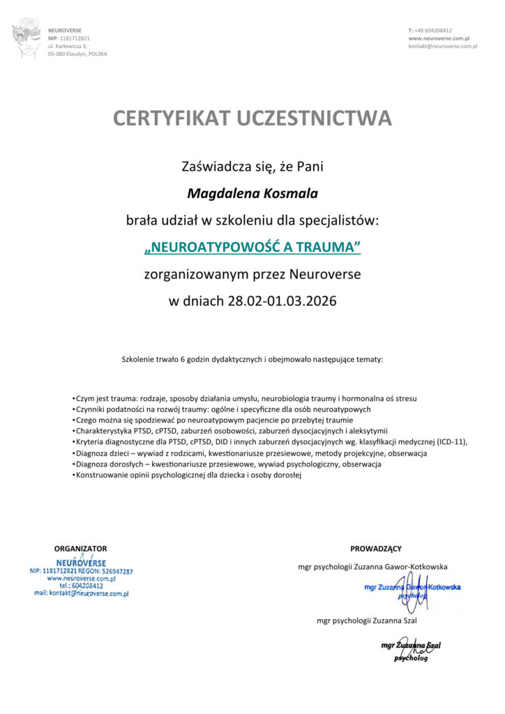 Certyfikat Szkolenie Neuroverse Neuroatypowosc a trauma Magdalena Kosmala