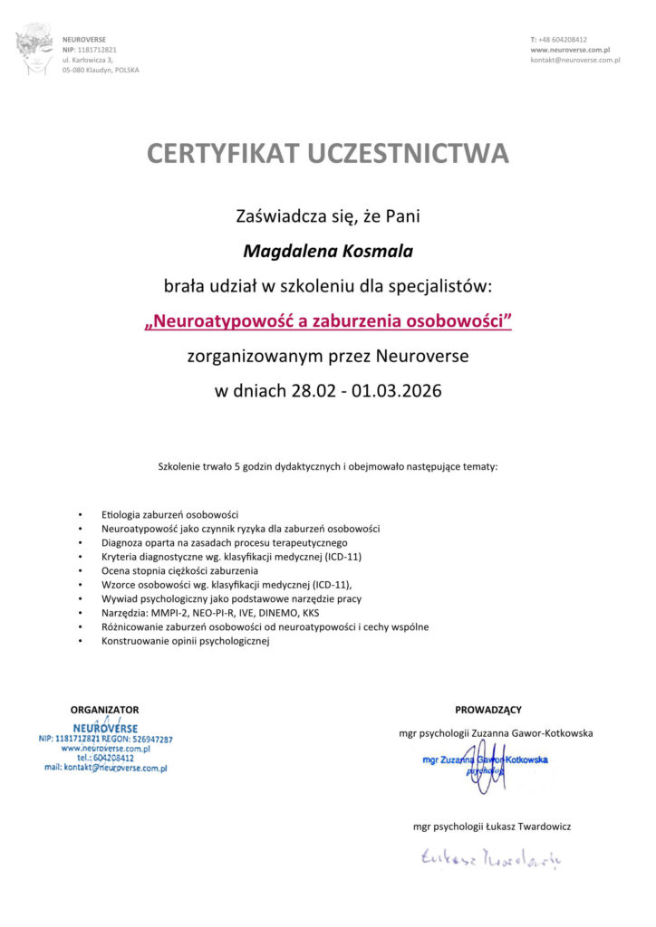 Certyfikat Szkolenie Neuroverse ZO Magdalena Kosmala
