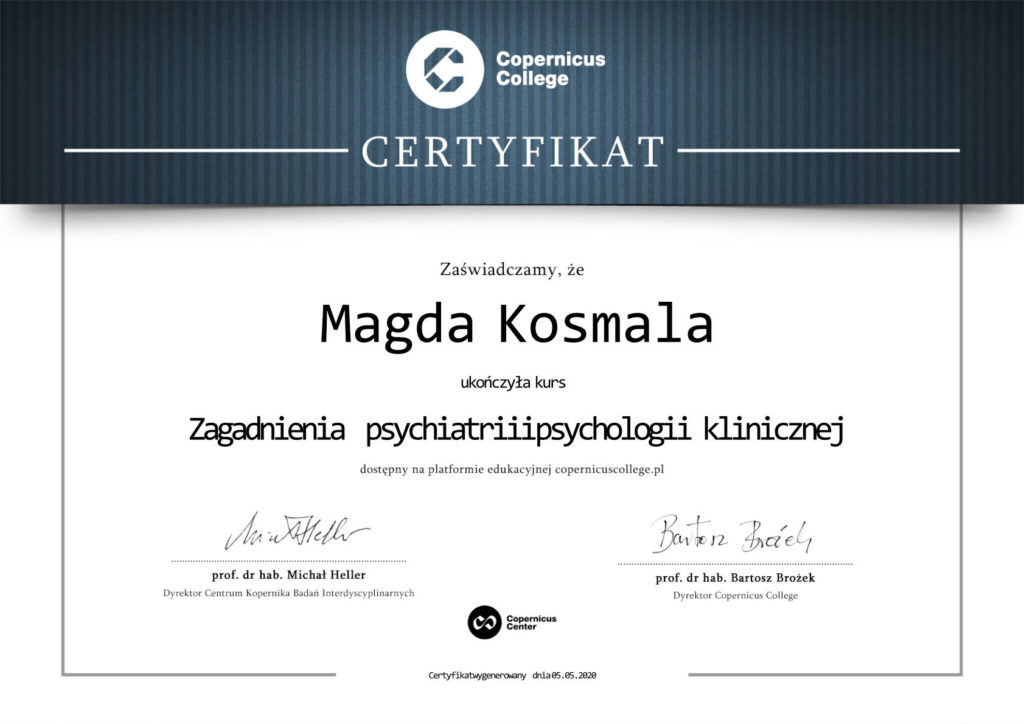 Certyfikat zagadnienia psychiatrii i psychologii klinicznej Magdalena Kosmala